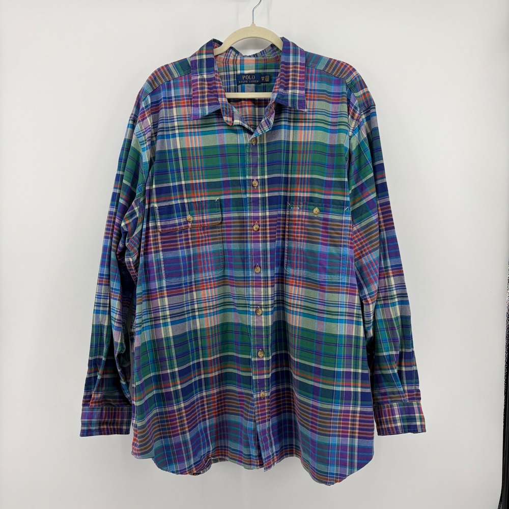 Polo Ralph Lauren‎ Mens 3XB Multicolor Plaid Long Sleeve Button Up Shirt Madras